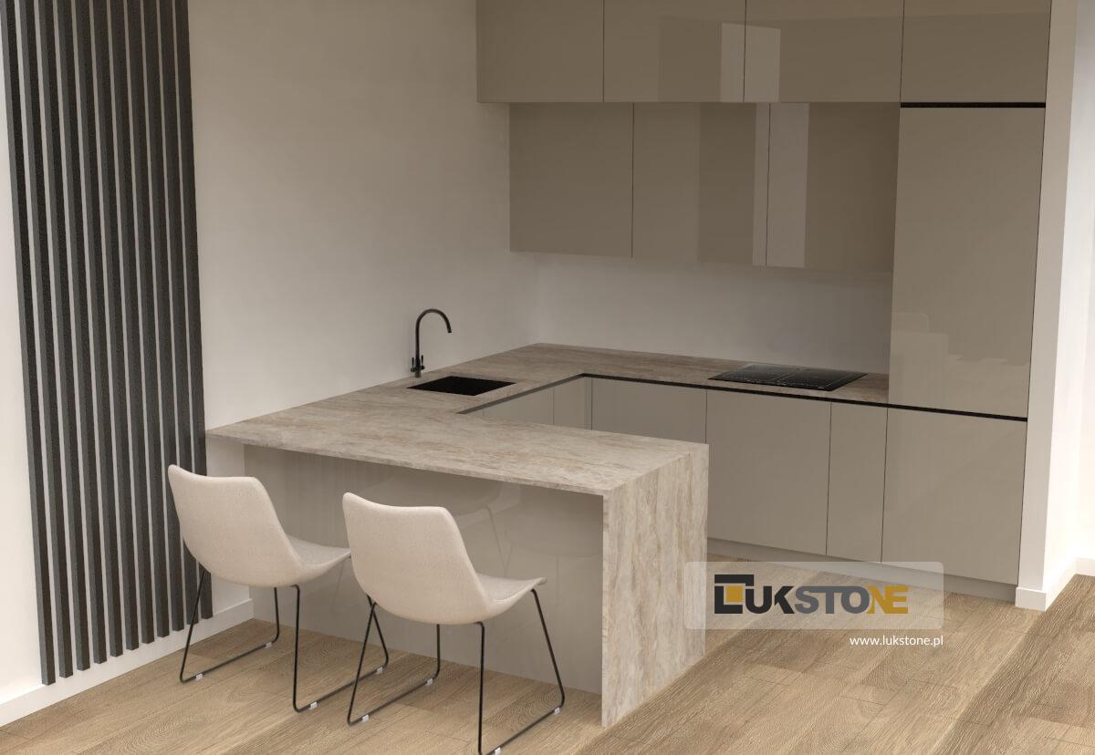Wizualizacja kuchni: front Beżowy, blat Dekton  arga